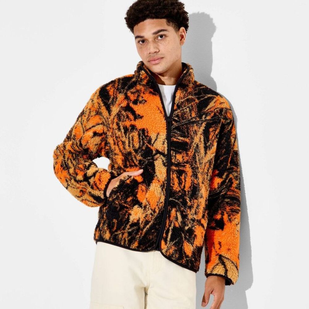 Men's Plaid High Pile Fleece Shirt - Original Use Orange Camo XXL